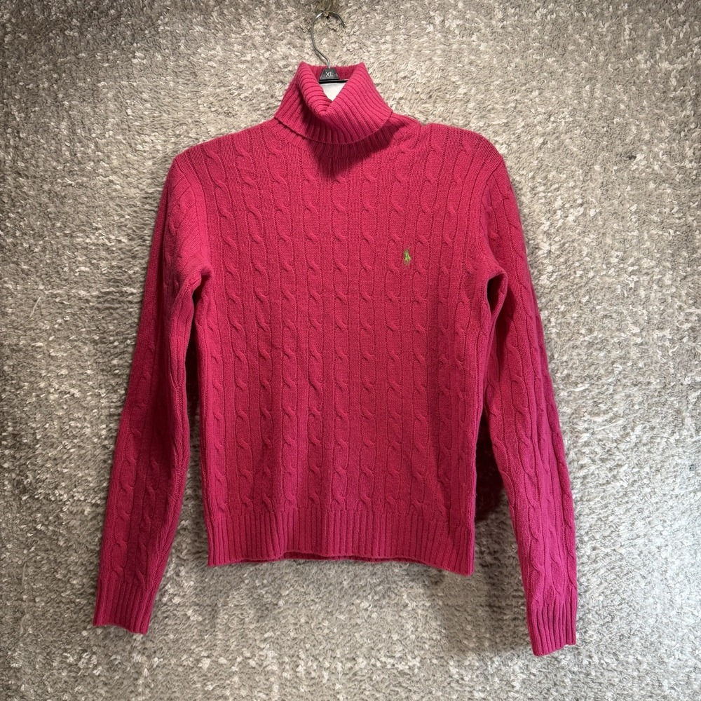 Ralph Lauren Sport Cable Knit Turtleneck Sweater Women's S Pink Lambswool Preppy